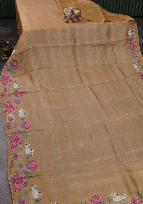 Pure Tissue Silk Saree Sandal With Allover Stripe Pattern And Embroidery Border With Embroidered Design For Women