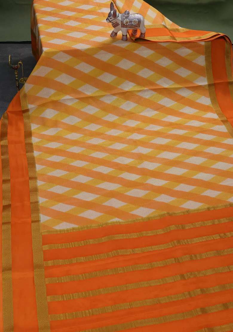 Pure Mysore Silk Crepe Saree Orange With Allover Checks Geometric Prints And Rettapet Zari Woven Border With Printed Design For Women - Indya
