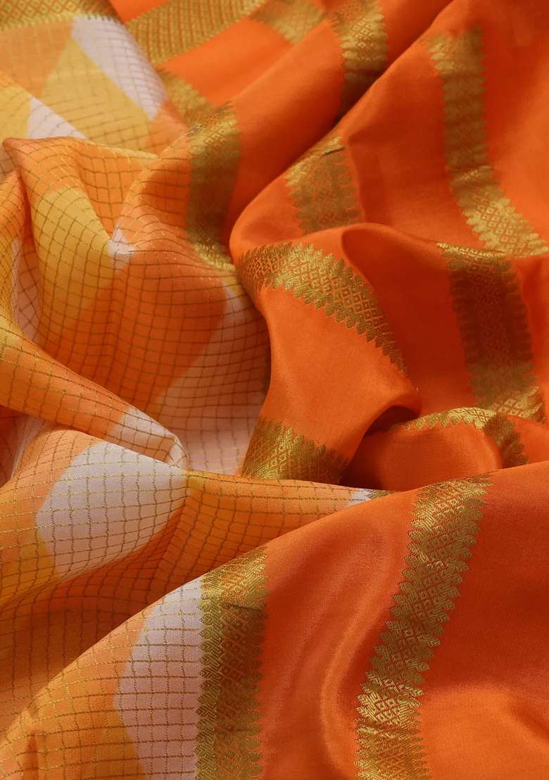 Pure Mysore Silk Crepe Saree Orange With Allover Checks Geometric Prints And Rettapet Zari Woven Border With Printed Design For Women - Indya