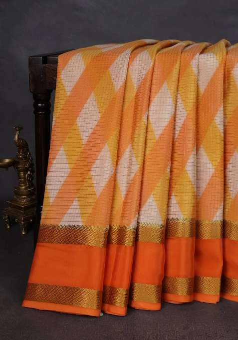 Pure Mysore Silk Crepe Saree Orange With Allover Checks Geometric Prints And Rettapet Zari Woven Border With Printed Design For Women