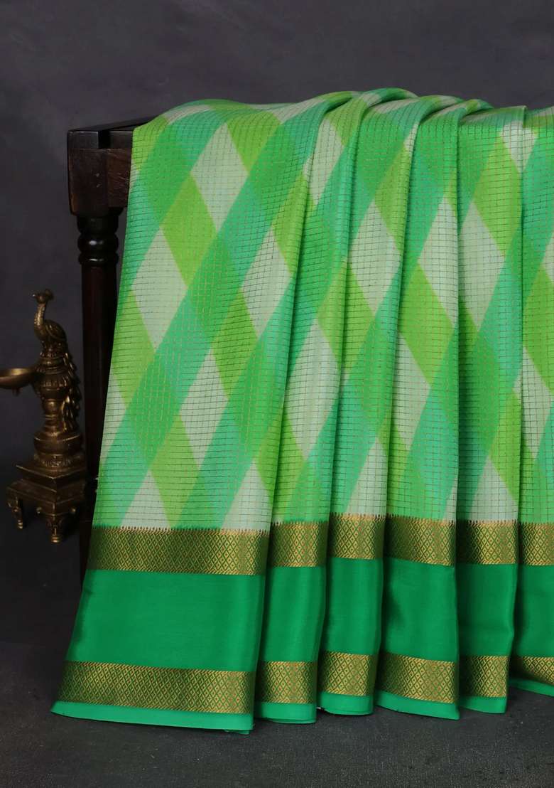 Pure Mysore Silk Crepe Saree Green With Allover Checks Geometric Prints And Rettapet Zari Woven Border With Printed Design For Women - Indya