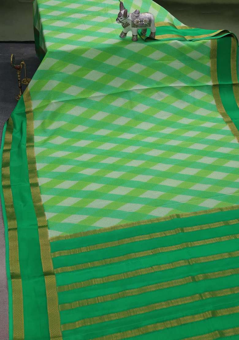 Pure Mysore Silk Crepe Saree Green With Allover Checks Geometric Prints And Rettapet Zari Woven Border With Printed Design For Women - Indya