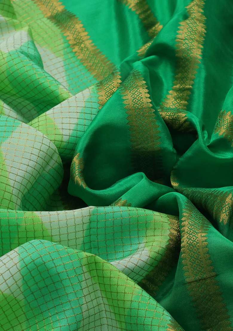 Pure Mysore Silk Crepe Saree Green With Allover Checks Geometric Prints And Rettapet Zari Woven Border With Printed Design For Women - Indya