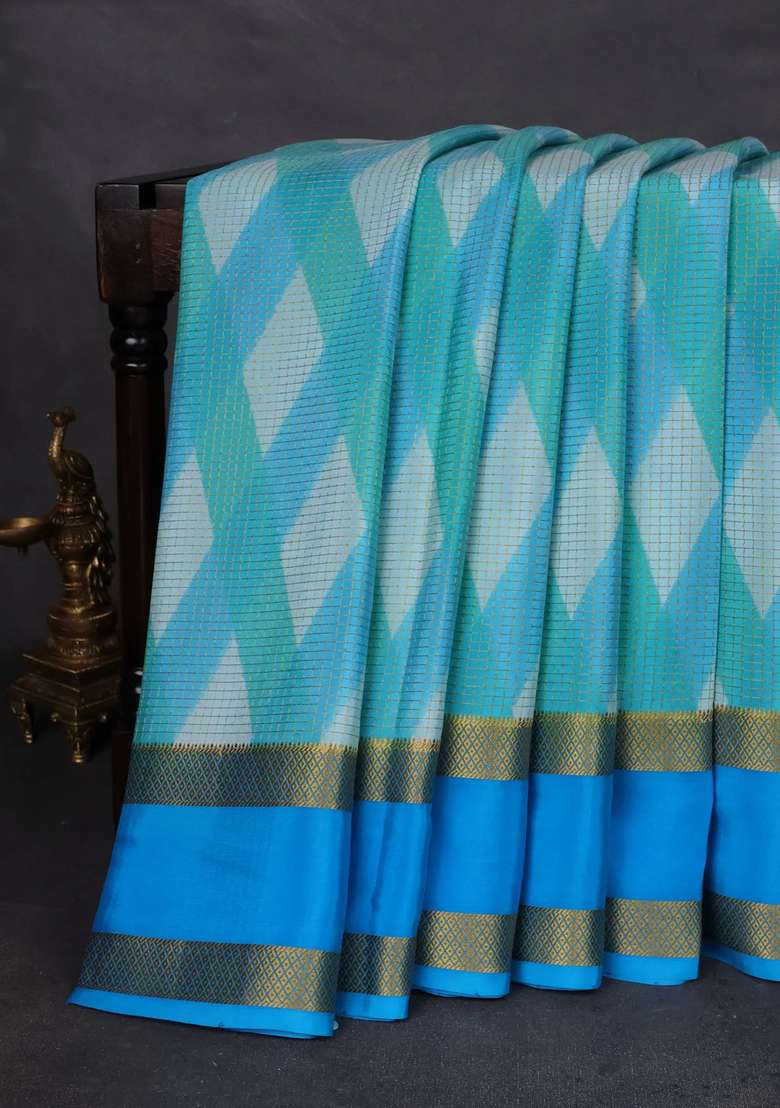 Pure Mysore Silk Crepe Saree Teal And Cs Blue Shade With Allover Checks Geometric Prints And Rettapet Zari Woven Border With Printed Design For Women - Indya