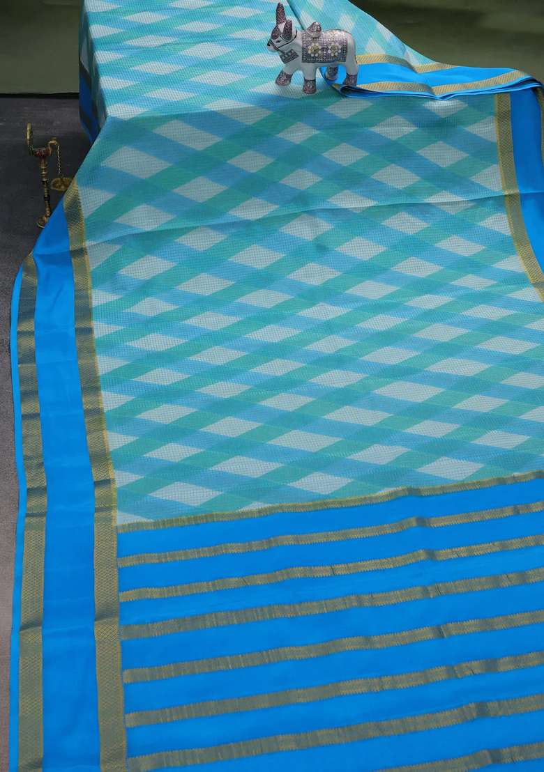 Pure Mysore Silk Crepe Saree Teal And Cs Blue Shade With Allover Checks Geometric Prints And Rettapet Zari Woven Border With Printed Design For Women - Indya