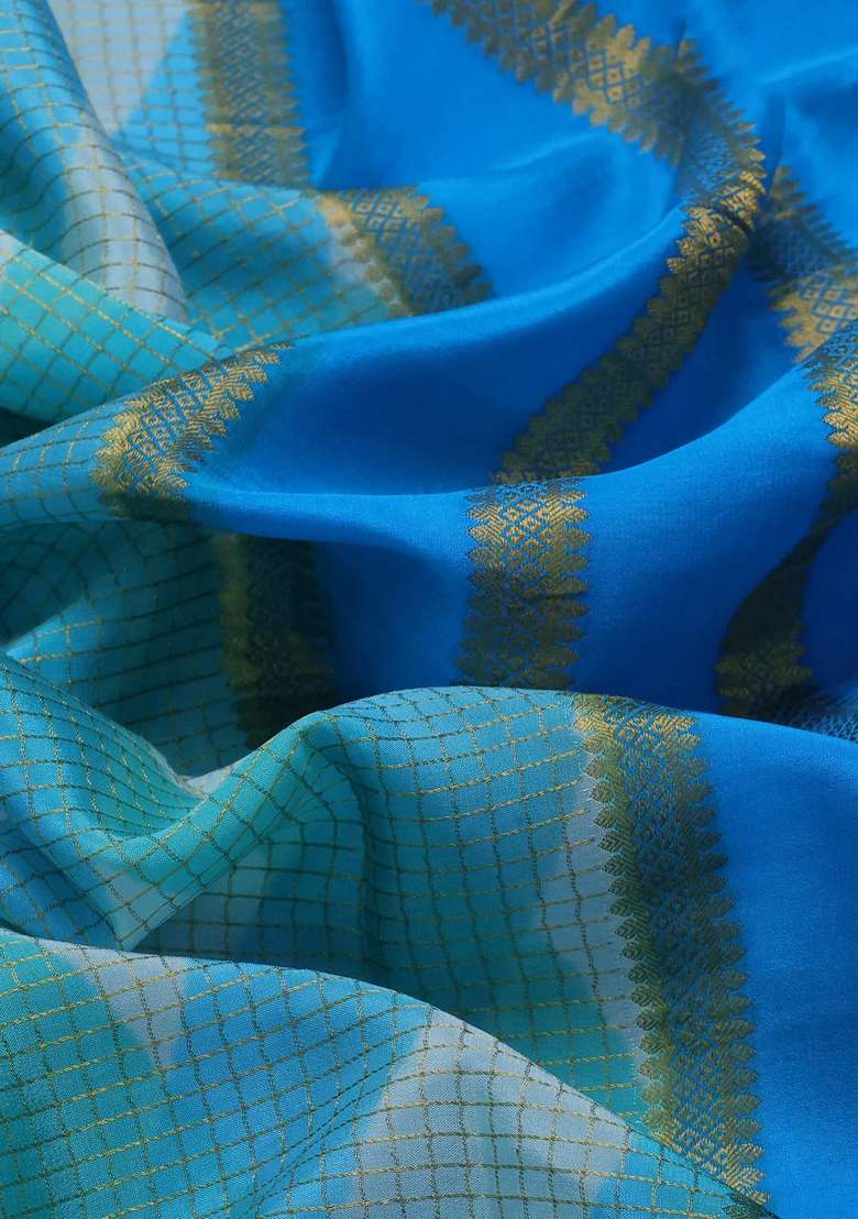 Pure Mysore Silk Crepe Saree Teal And Cs Blue Shade With Allover Checks Geometric Prints And Rettapet Zari Woven Border With Printed Design For Women - Indya