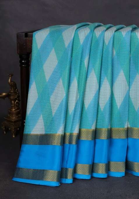 Pure Mysore Silk Crepe Saree Teal And Cs Blue Shade With Allover Checks Geometric Prints And Rettapet Zari Woven Border With Printed Design For Women