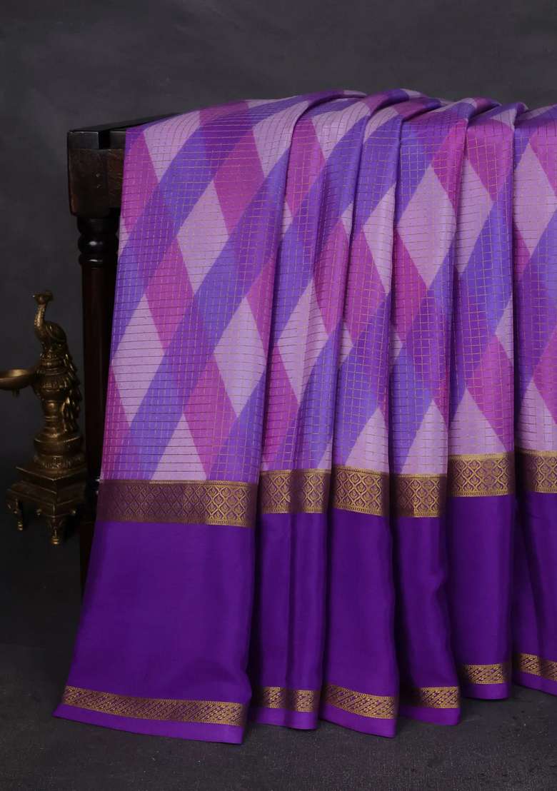 Pure Mysore Silk Crepe Saree Lavender And Violet Shade With Allover Checks Geometric Prints And Rettapet Zari Woven With Printed Design For Women - Indya