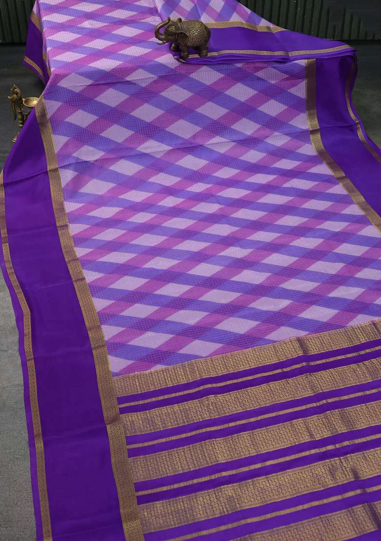 Pure Mysore Silk Crepe Saree Lavender And Violet Shade With Allover Checks Geometric Prints And Rettapet Zari Woven With Printed Design For Women - Indya