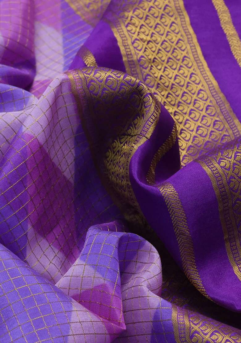 Pure Mysore Silk Crepe Saree Lavender And Violet Shade With Allover Checks Geometric Prints And Rettapet Zari Woven With Printed Design For Women - Indya