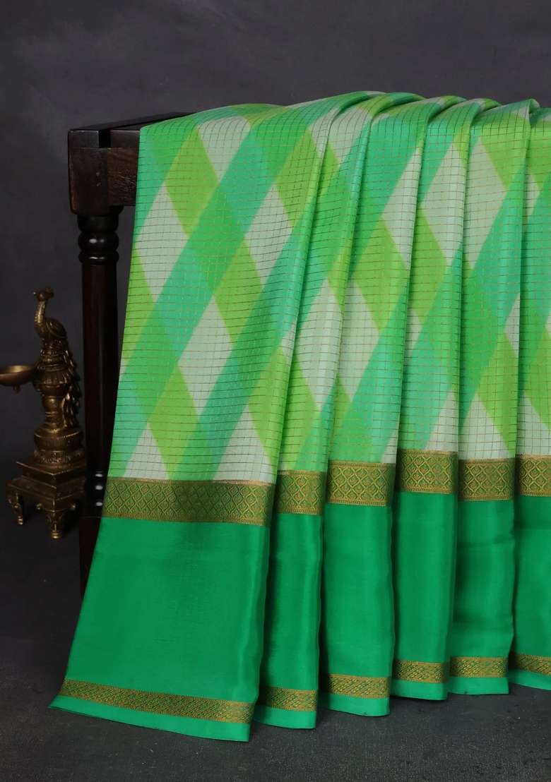 Pure Mysore Silk Crepe Saree Green With Allover Checks Geometric Prints And Rettapet Zari Woven Border With Printed Design For Women - Indya