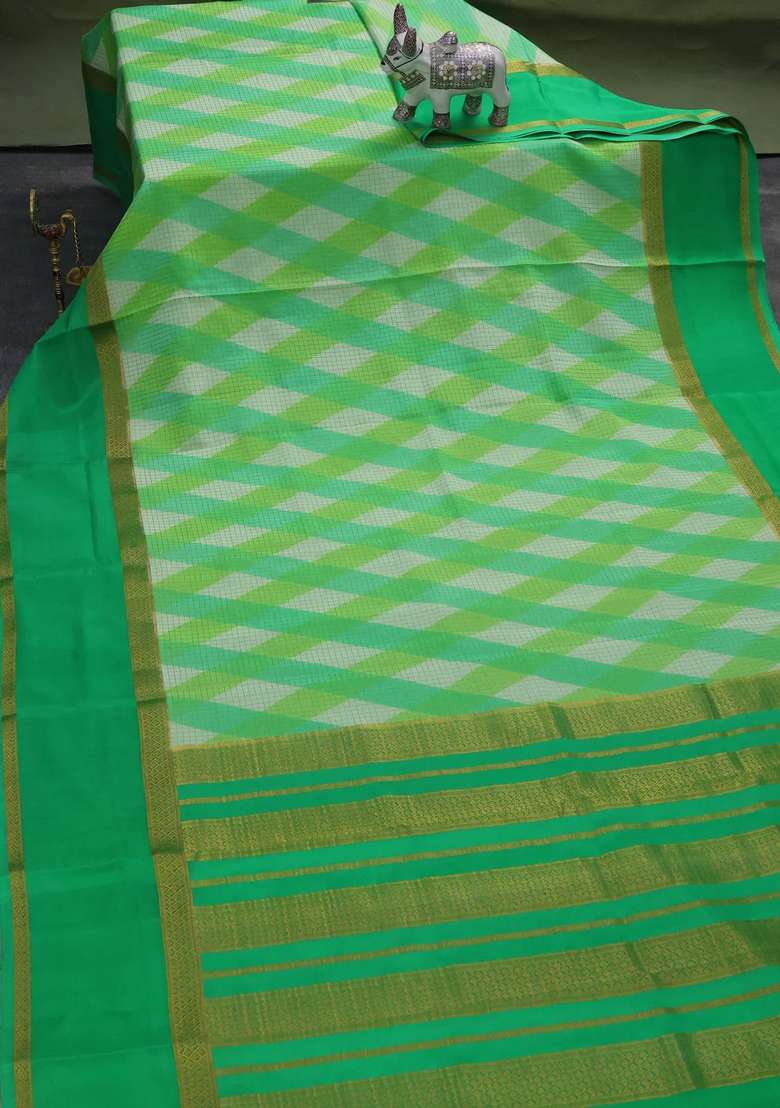 Pure Mysore Silk Crepe Saree Green With Allover Checks Geometric Prints And Rettapet Zari Woven Border With Printed Design For Women - Indya