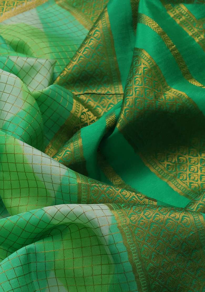 Pure Mysore Silk Crepe Saree Green With Allover Checks Geometric Prints And Rettapet Zari Woven Border With Printed Design For Women - Indya