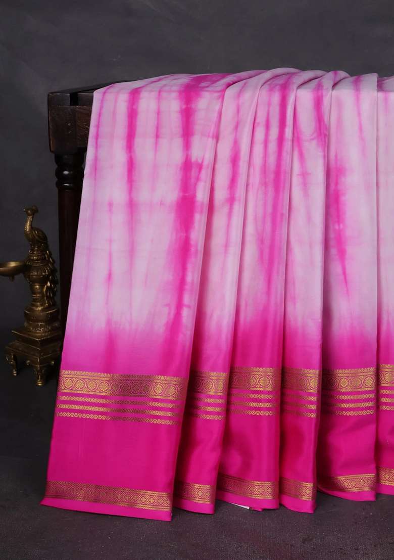 Pure Mysore Silk Crepe Saree Baby Pink And Pink With Allover Shibori Prints And Rettapet Zari Woven Border With Printed Design For Women - Indya