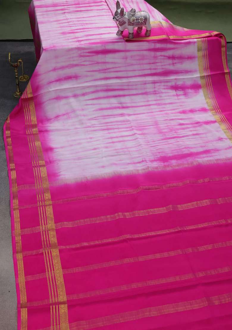 Pure Mysore Silk Crepe Saree Baby Pink And Pink With Allover Shibori Prints And Rettapet Zari Woven Border With Printed Design For Women - Indya