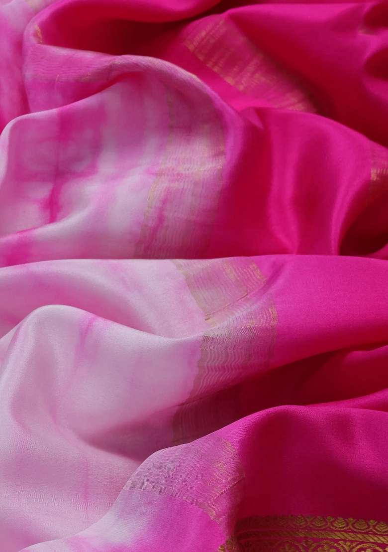 Pure Mysore Silk Crepe Saree Baby Pink And Pink With Allover Shibori Prints And Rettapet Zari Woven Border With Printed Design For Women - Indya