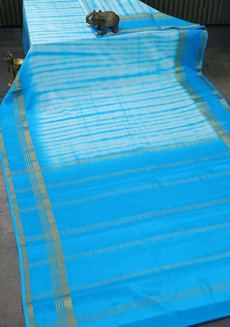 Pure Mysore Silk Crepe Saree Teal Blue With Allover Shibori Prints And Rettapet Zari Woven Border With Printed Design For Women - Indya