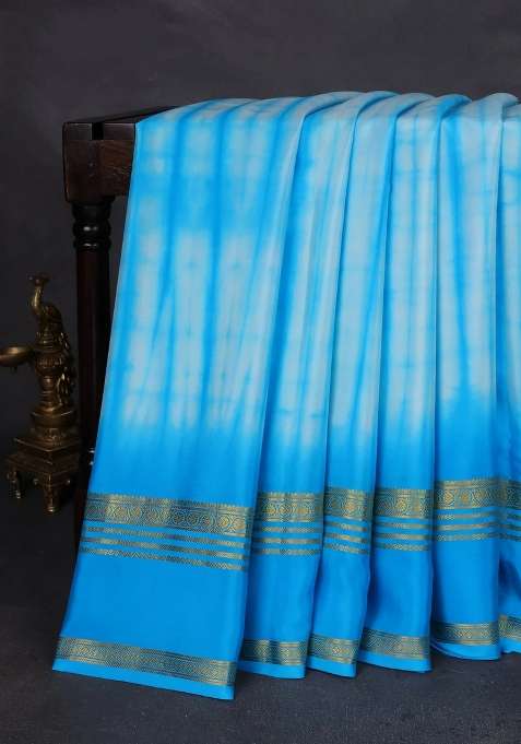 Pure Mysore Silk Crepe Saree Teal Blue With Allover Shibori Prints And Rettapet Zari Woven Border With Printed Design For Women