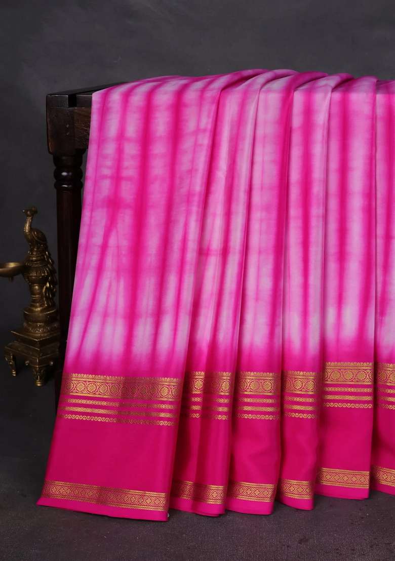 Pure Mysore Silk Crepe Saree Pink With Allover Shibori Prints And Rettapet Zari Woven Border With Printed Design For Women - Indya
