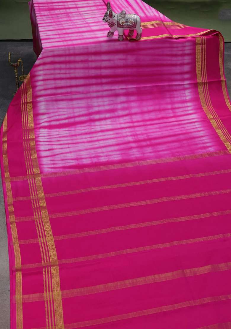 Pure Mysore Silk Crepe Saree Pink With Allover Shibori Prints And Rettapet Zari Woven Border With Printed Design For Women - Indya
