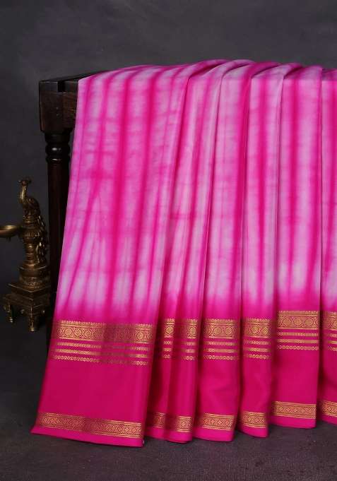 Pure Mysore Silk Crepe Saree Pink With Allover Shibori Prints And Rettapet Zari Woven Border With Printed Design For Women