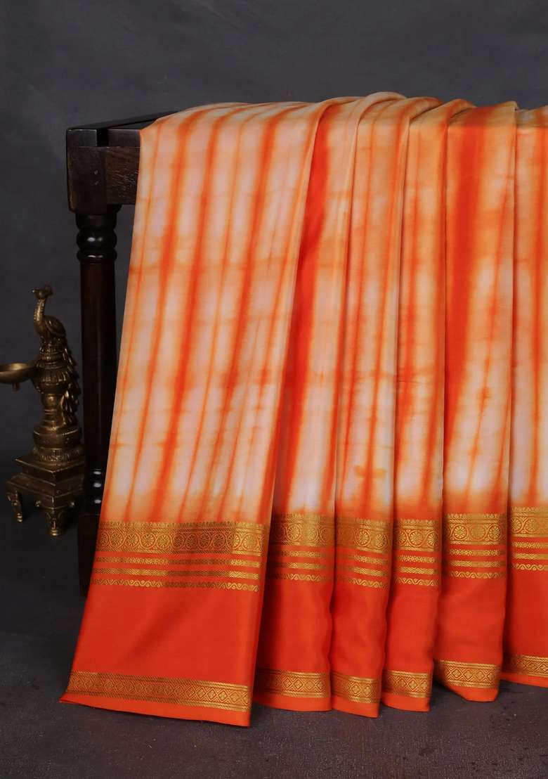 Pure Mysore Silk Crepe Saree Pale Orange And Orange With Allover Shibori Prints And Rettapet Zari Woven Border With Printed Design For Women - Indya