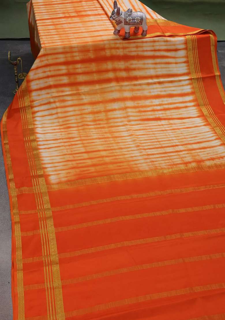 Pure Mysore Silk Crepe Saree Pale Orange And Orange With Allover Shibori Prints And Rettapet Zari Woven Border With Printed Design For Women - Indya