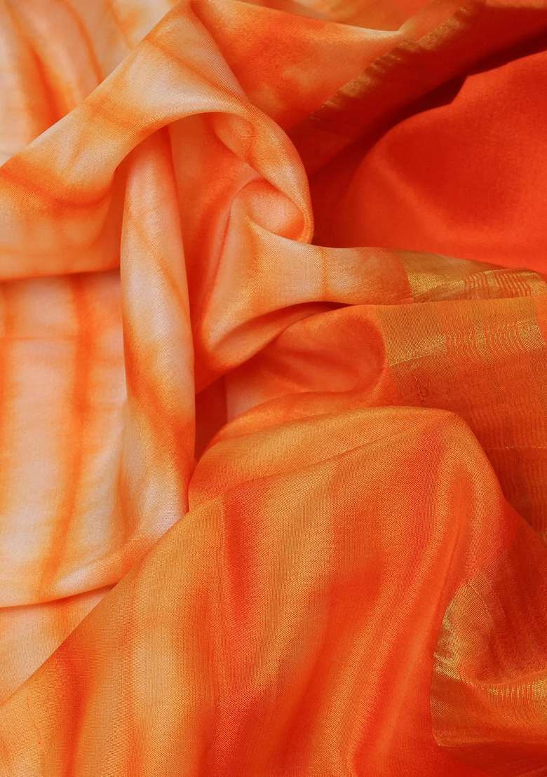 Pure Mysore Silk Crepe Saree Pale Orange And Orange With Allover Shibori Prints And Rettapet Zari Woven Border With Printed Design For Women - Indya