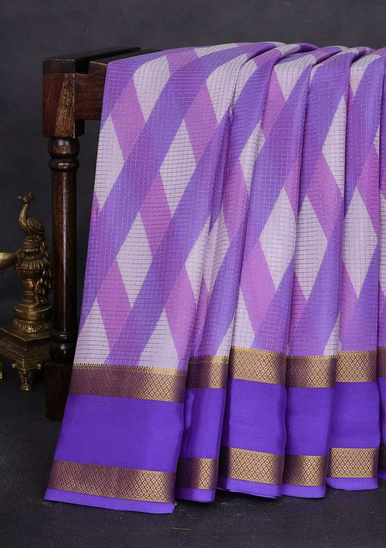 Pure Mysore Silk Crepe Saree Lavender And Violet With Allover Shibori Prints And Rettapet Zari Woven Border With Printed Design For Women - Indya