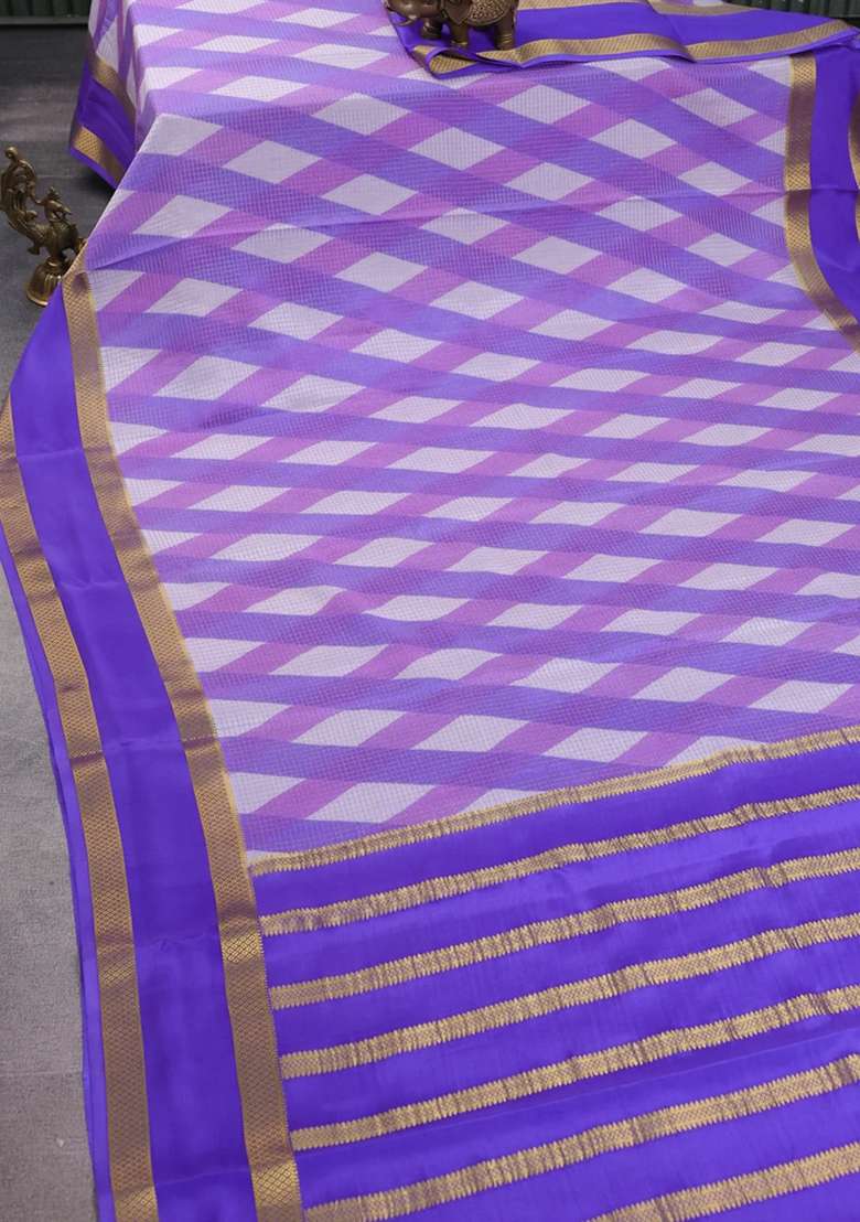 Pure Mysore Silk Crepe Saree Lavender And Violet With Allover Shibori Prints And Rettapet Zari Woven Border With Printed Design For Women - Indya