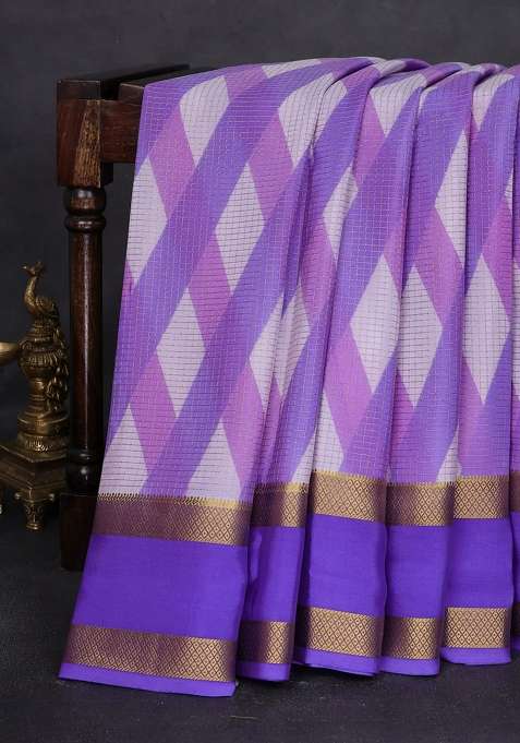 Pure Mysore Silk Crepe Saree Lavender And Violet With Allover Shibori Prints And Rettapet Zari Woven Border With Printed Design For Women