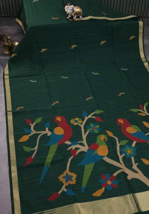 Jute Art Silk Saree Dark Green With Floral Thread Woven Buttas And Jamdhani Pallu With Buttas And Brocade Design For Women