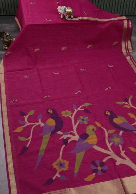 Jute Art Silk Saree Pink With Floral Thread Woven Buttas And Jamdhani Pallu With Buttas And Brocade Design For Women