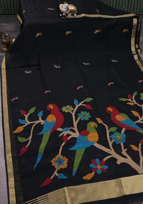 Jute Art Silk Saree Black With Floral Thread Woven Buttas And Jamdhani Pallu With Buttas And Brocade Design For Women