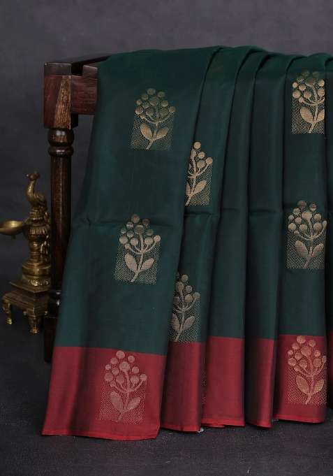 Kanchipuram Silk Saree Bottle Green And Maroon With Zari Woven Buttas And Zari Woven Butta Border With Buttas And Brocade Design For Women