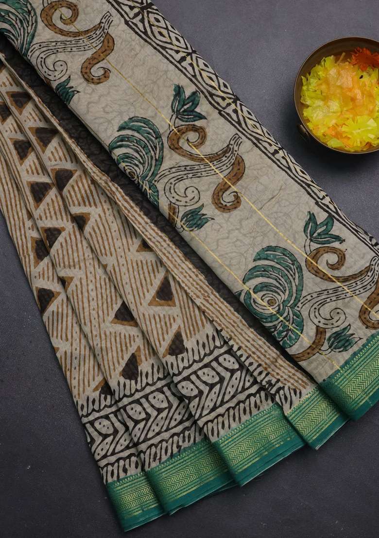 Chanderi Bagru Silk Cotton Saree Beige And Teal Green With Allover Geometric Prints And Maheshwari Border With Printed Design For Women - Indya