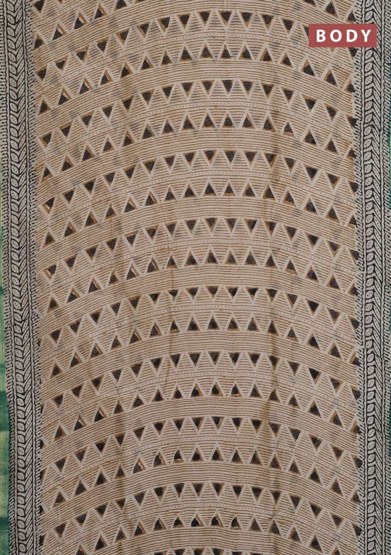Chanderi Bagru Silk Cotton Saree Beige And Teal Green With Allover Geometric Prints And Maheshwari Border With Printed Design For Women - Indya