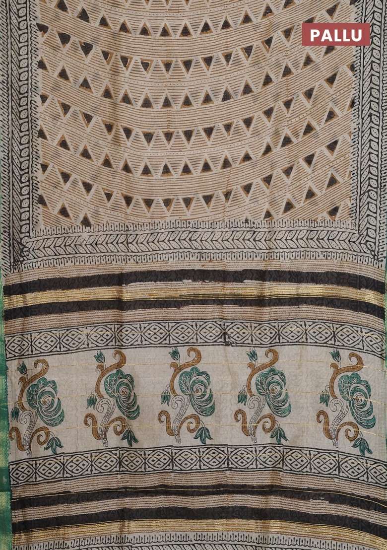 Chanderi Bagru Silk Cotton Saree Beige And Teal Green With Allover Geometric Prints And Maheshwari Border With Printed Design For Women - Indya