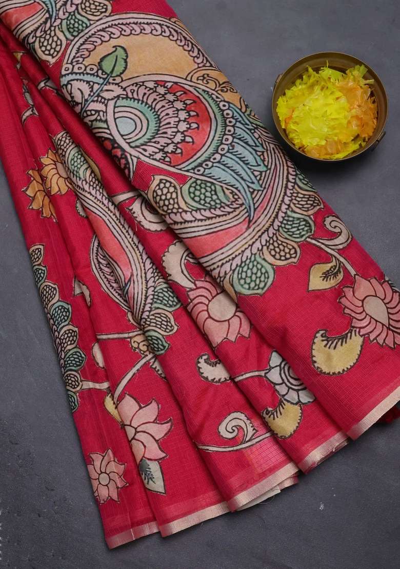 Kota Cotton Saree Pink With Kalamkari Applique Work With Traditional Woven Design For Women - Indya