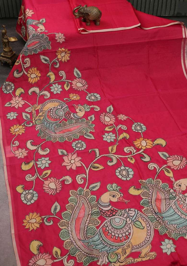 Kota Cotton Saree Pink With Kalamkari Applique Work With Traditional Woven Design For Women - Indya