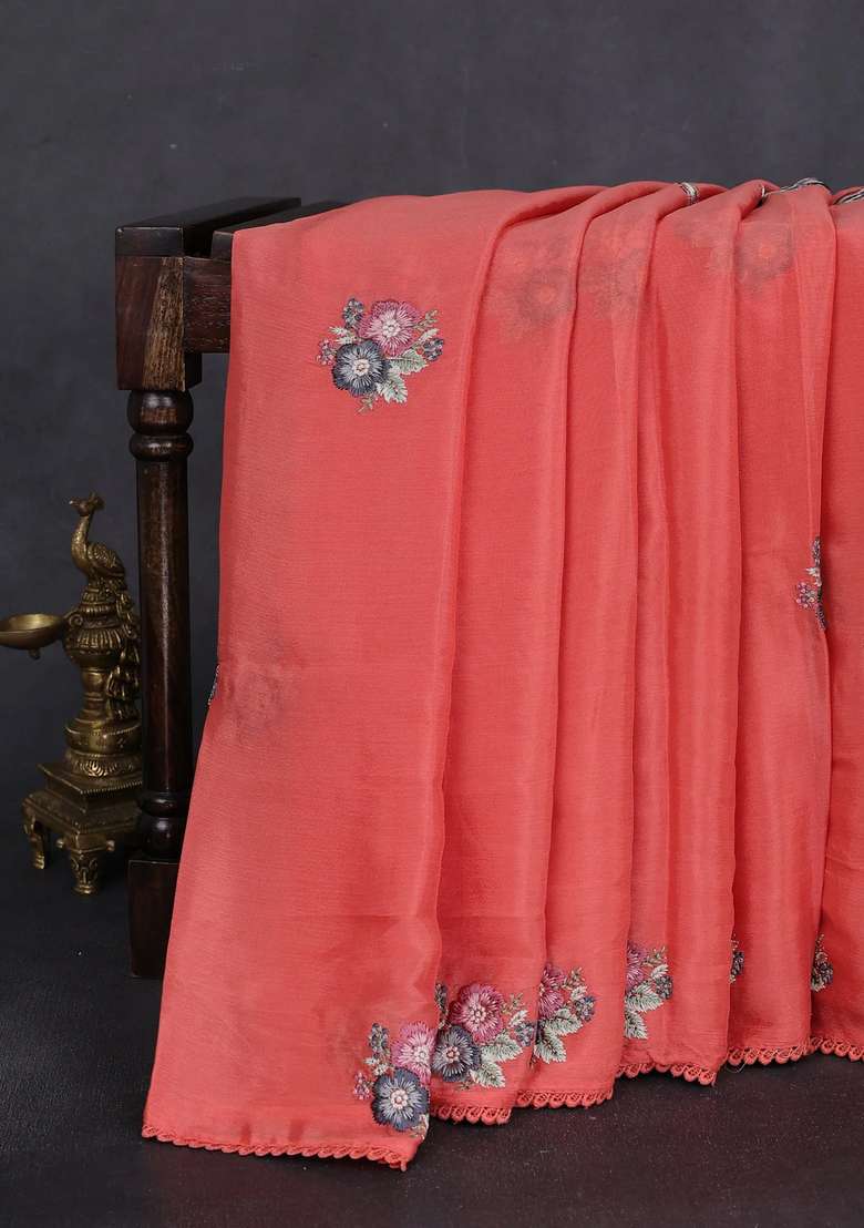 Chiffon Silk Saree Peach Shade With Floral Embroidery And Lace Work Border With Embroidered Design For Women - Indya