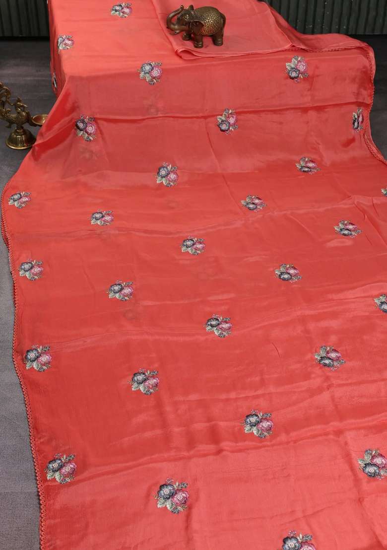 Chiffon Silk Saree Peach Shade With Floral Embroidery And Lace Work Border With Embroidered Design For Women - Indya