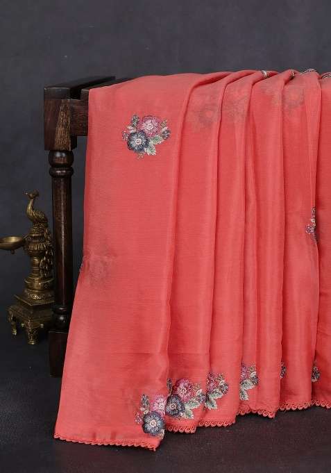 Chiffon Silk Saree Peach Shade With Floral Embroidery And Lace Work Border With Embroidered Design For Women