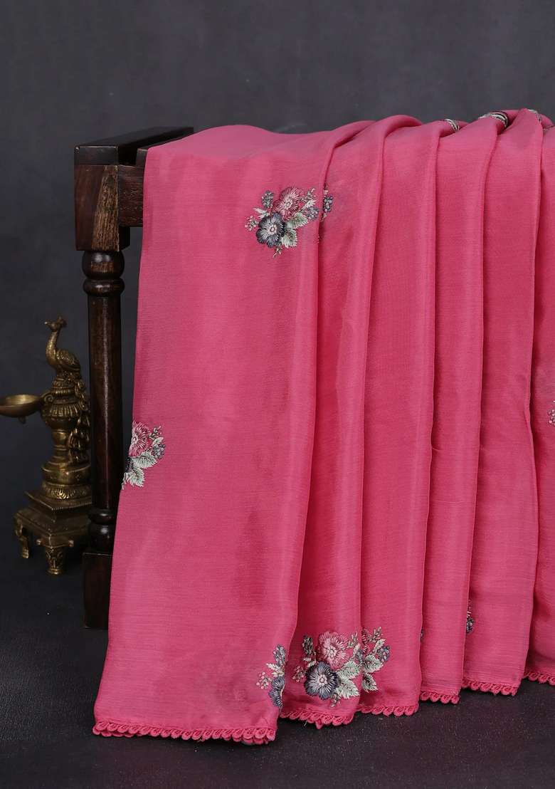 Chiffon Silk Saree Pink With Floral Embroidery And Lace Work Border With Embroidered Design For Women - Indya