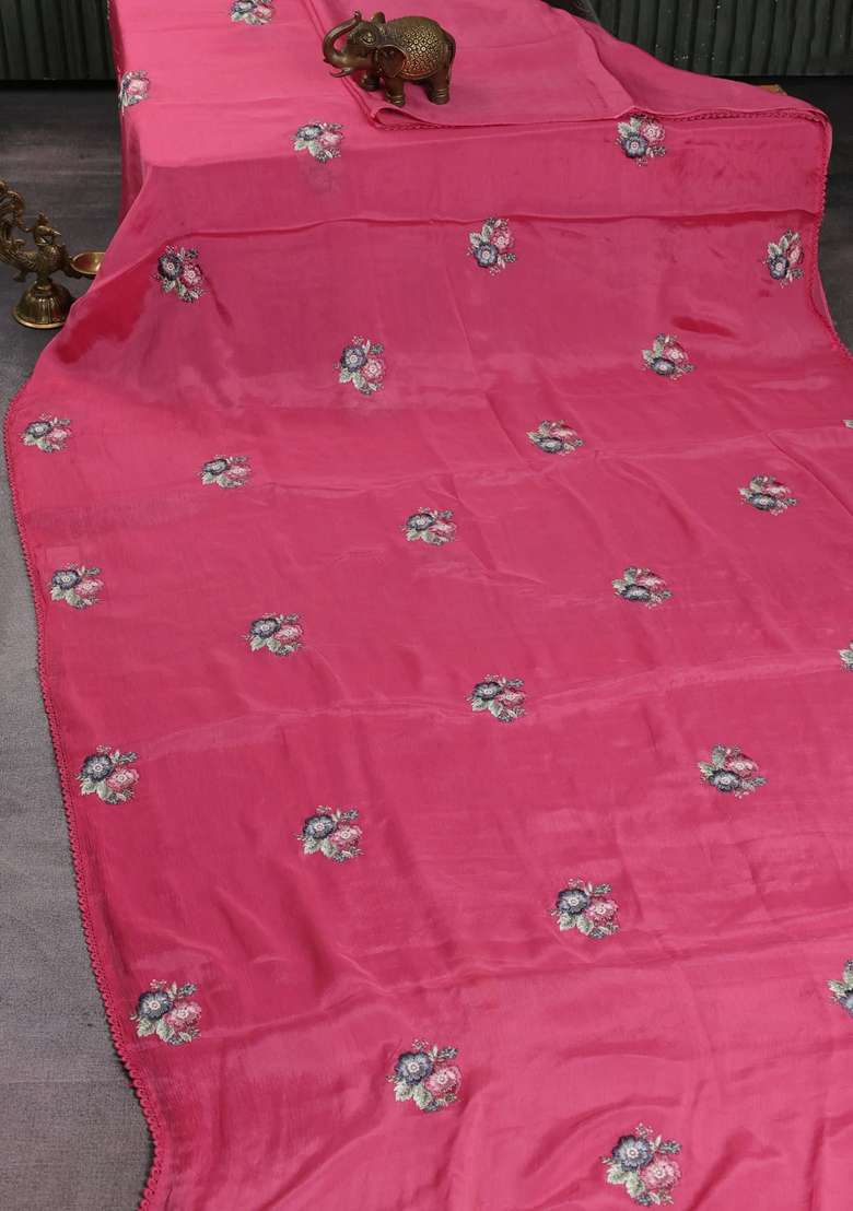 Chiffon Silk Saree Pink With Floral Embroidery And Lace Work Border With Embroidered Design For Women - Indya