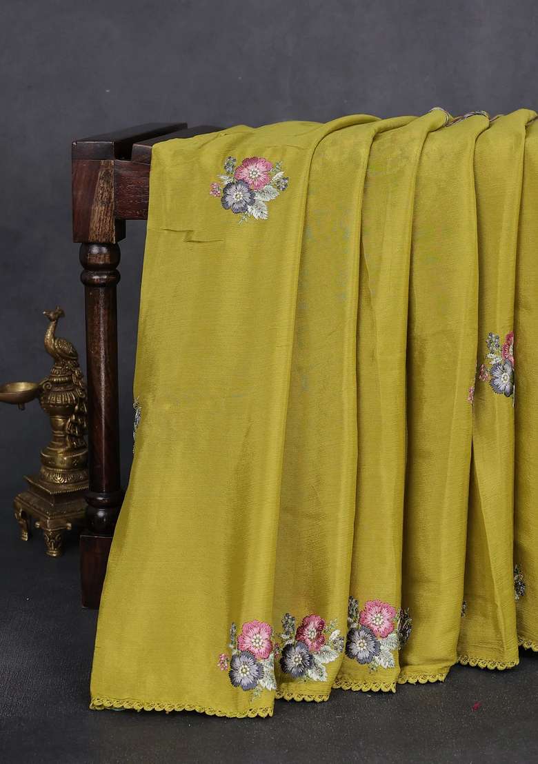 Chiffon Silk Saree Lime Green With Floral Embroidery And Lace Work Border With Embroidered Design For Women - Indya