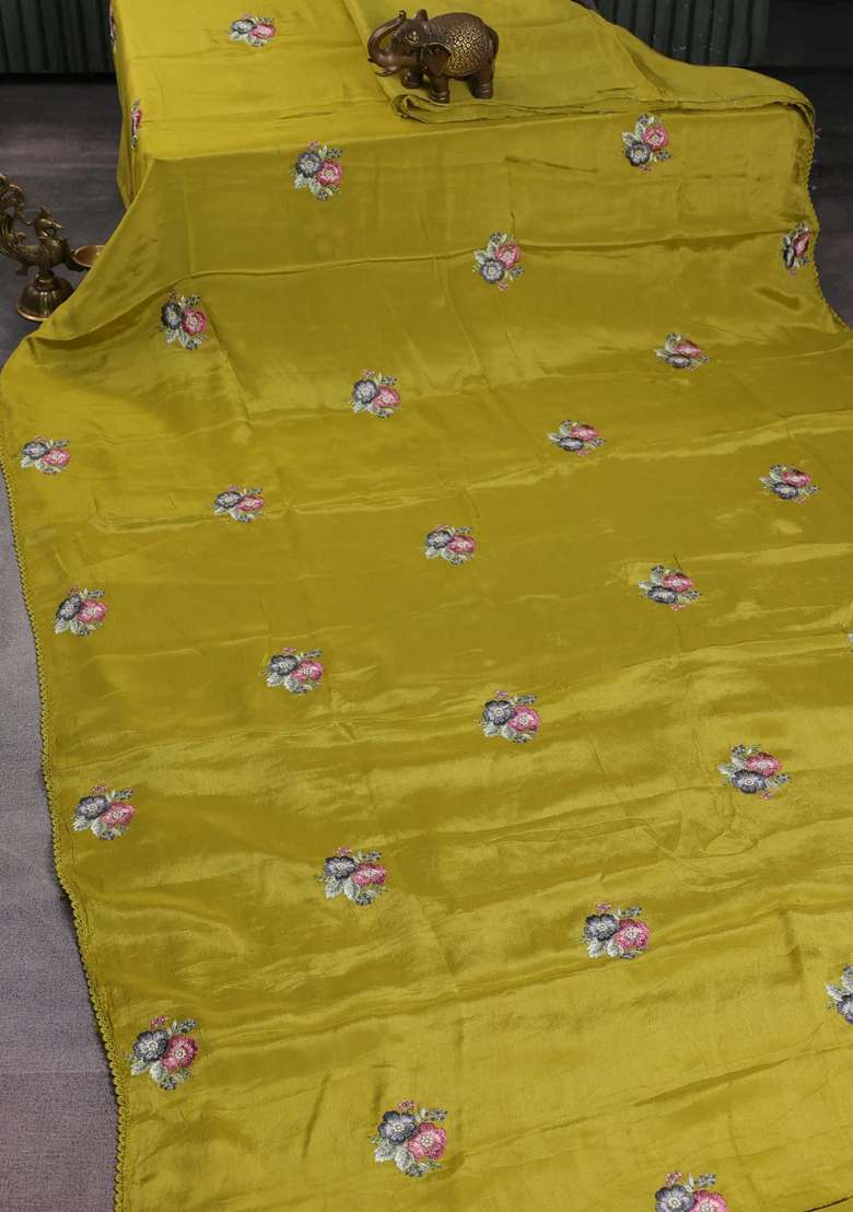 Chiffon Silk Saree Lime Green With Floral Embroidery And Lace Work Border With Embroidered Design For Women - Indya
