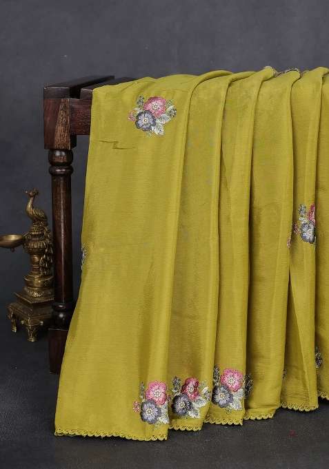 Chiffon Silk Saree Lime Green With Floral Embroidery And Lace Work Border With Embroidered Design For Women