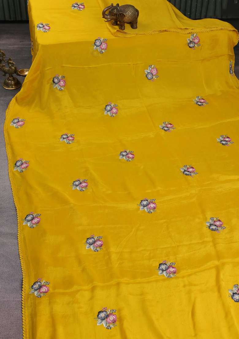 Chiffon Silk Saree Mustard Yellow With Floral Embroidery And Lace Work Border With Embroidered Design For Women - Indya