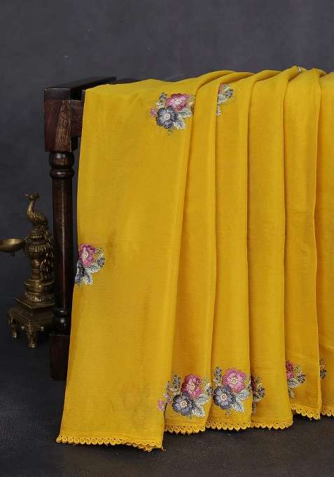 Chiffon Silk Saree Mustard Yellow With Floral Embroidery And Lace Work Border With Embroidered Design For Women